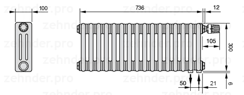 Схема (чертеж) Радиатор Zehnder Charleston 3030/16 №V002 Белый глянцевый RAL 9016